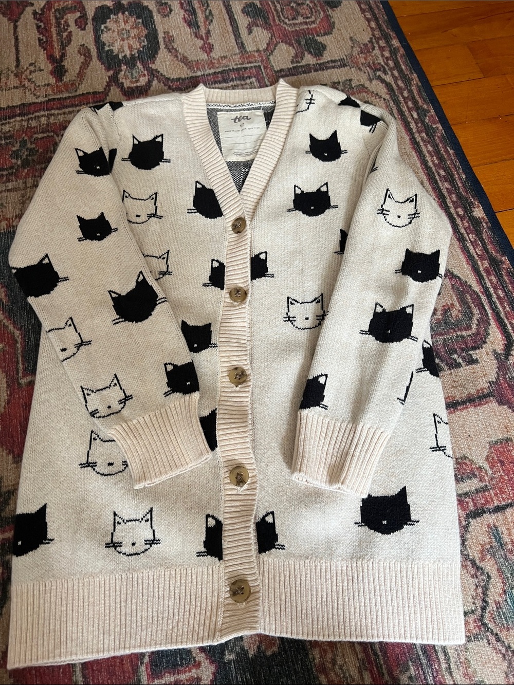 Tea Collection Cream Cardigan with Black Cat Motif